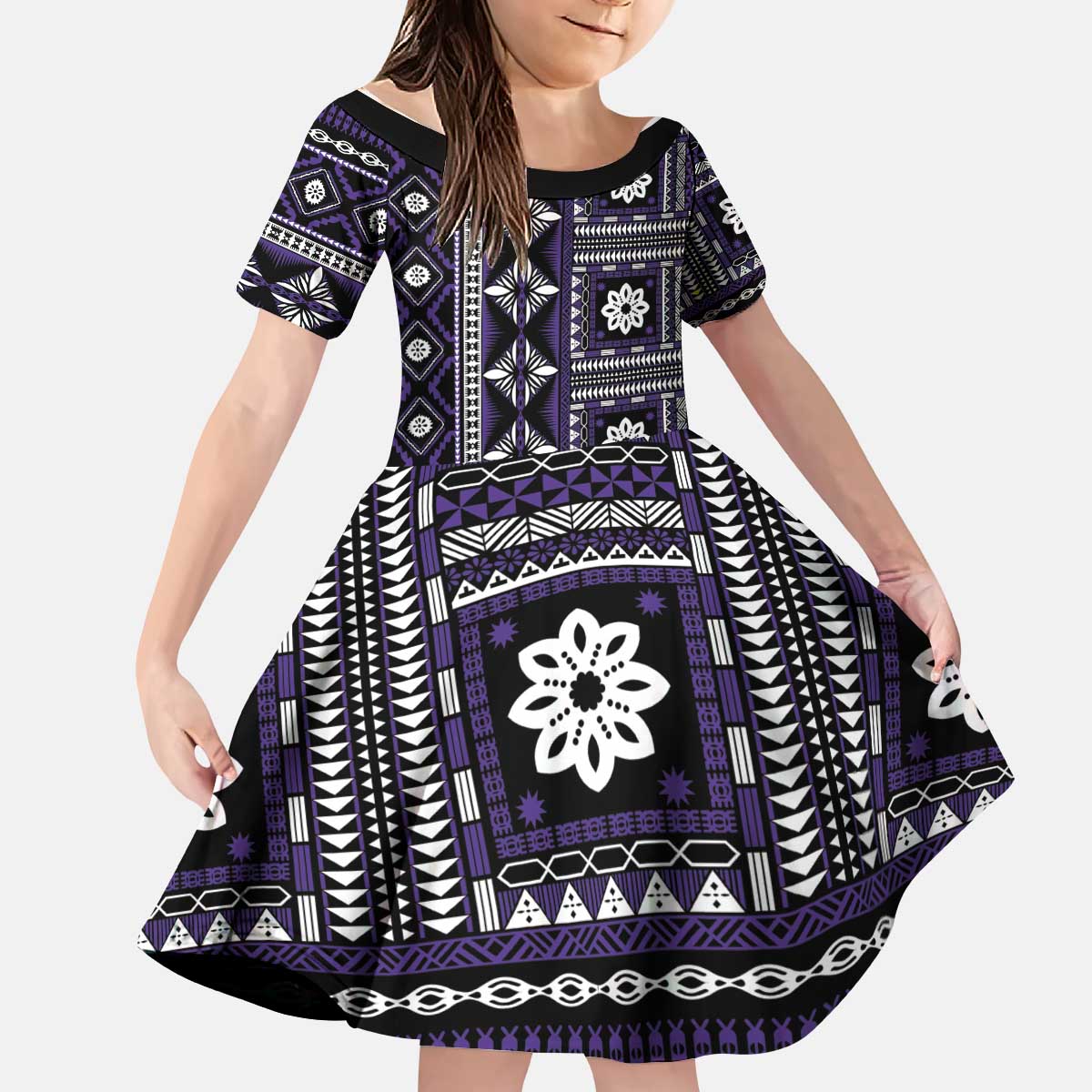 Fiji Masi Tapa Pattern Purple Kid Short Sleeve Dress - Polynesian Pride