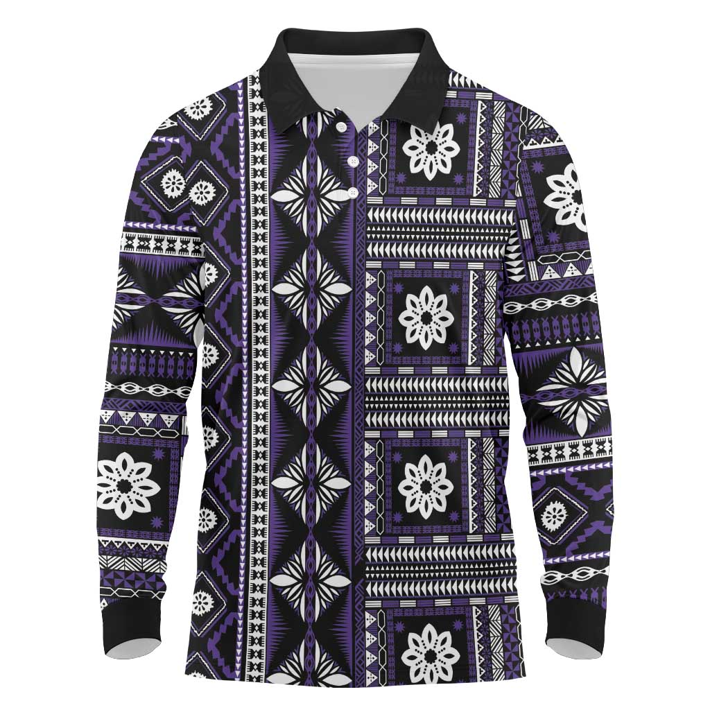 Fiji Masi Tapa Pattern Purple Long Sleeve Polo Shirt - Polynesian Pride