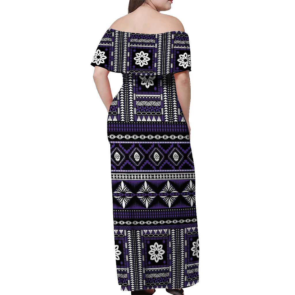 Fiji Masi Tapa Pattern Purple Off Shoulder Maxi Dress - Polynesian Pride