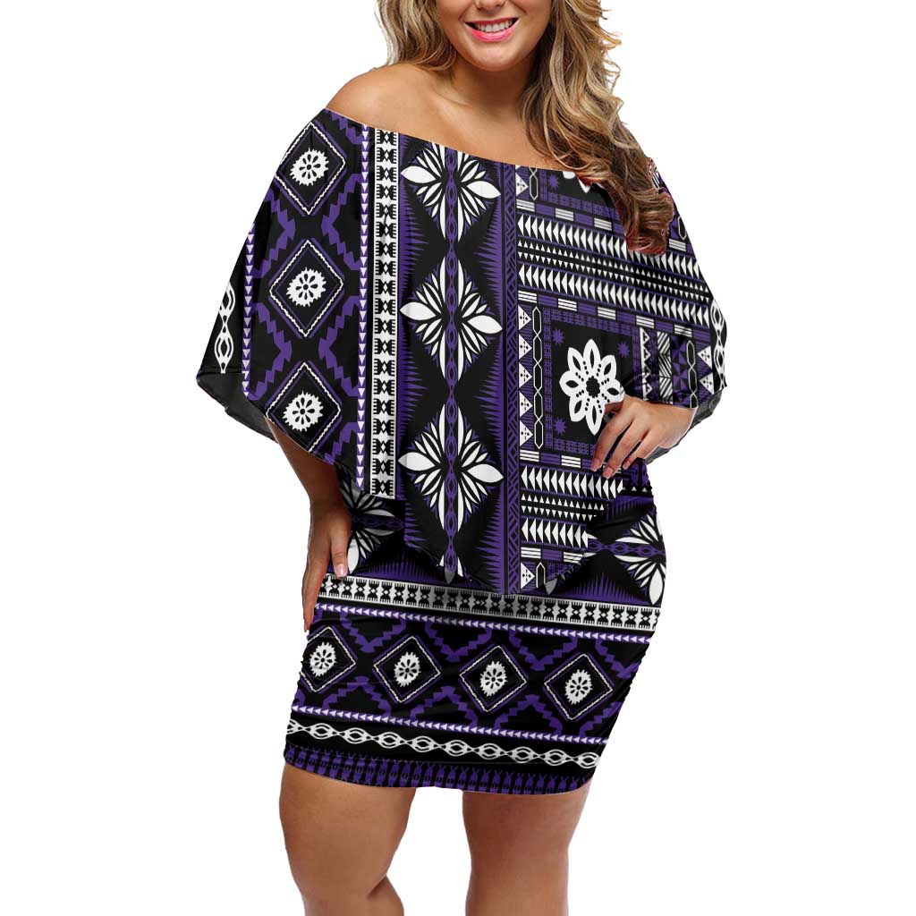 Fiji Masi Tapa Pattern Purple Off Shoulder Short Dress - Polynesian Pride