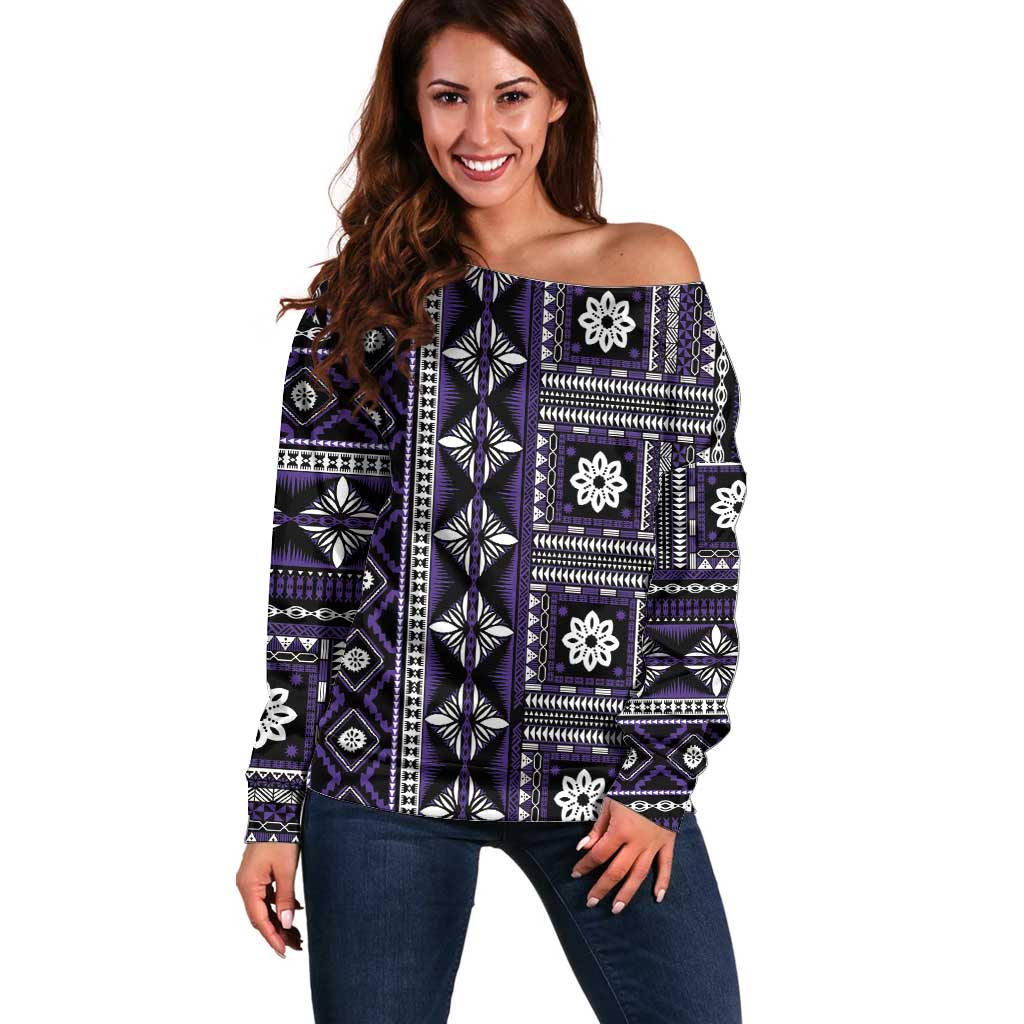 Fiji Masi Tapa Pattern Purple Off Shoulder Sweater - Polynesian Pride