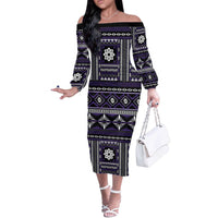 Fiji Masi Tapa Pattern Purple Off The Shoulder Long Sleeve Dress - Polynesian Pride