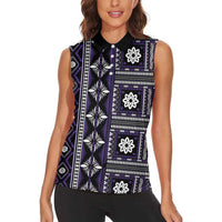 Fiji Masi Tapa Pattern Purple Women Sleeveless Polo Shirt - Polynesian Pride