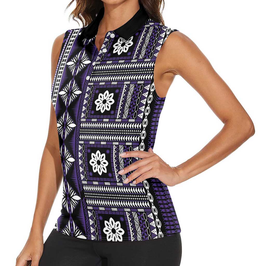 Fiji Masi Tapa Pattern Purple Women Sleeveless Polo Shirt - Polynesian Pride
