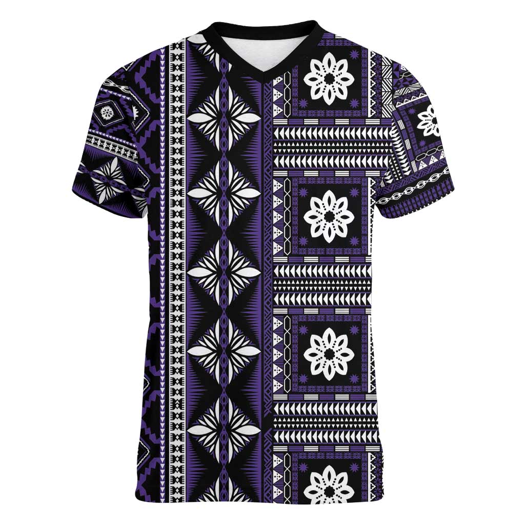 Fiji Masi Tapa Pattern Purple Women V-Neck T-Shirt - Polynesian Pride