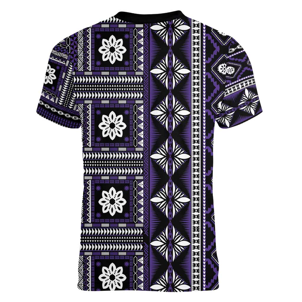 Fiji Masi Tapa Pattern Purple Women V-Neck T-Shirt - Polynesian Pride