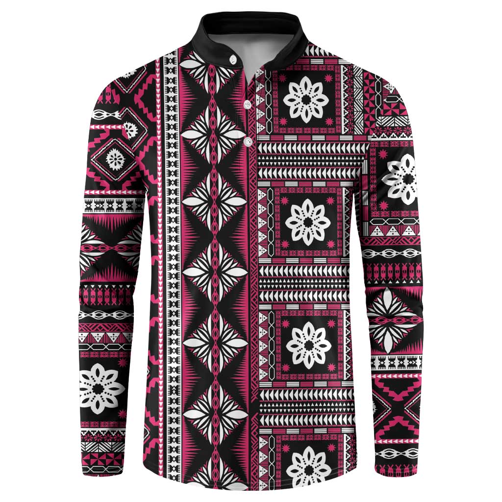 Fiji Masi Tapa Pattern Pink Button Sweatshirt - Polynesian Pride