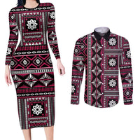 Fiji Masi Tapa Pattern Pink Couples Matching Long Sleeve Bodycon Dress and Long Sleeve Button Shirt - Polynesian Pride