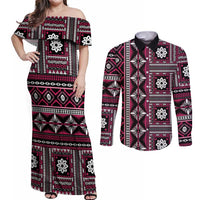 Fiji Masi Tapa Pattern Pink Couples Matching Off Shoulder Maxi Dress and Long Sleeve Button Shirt - Polynesian Pride