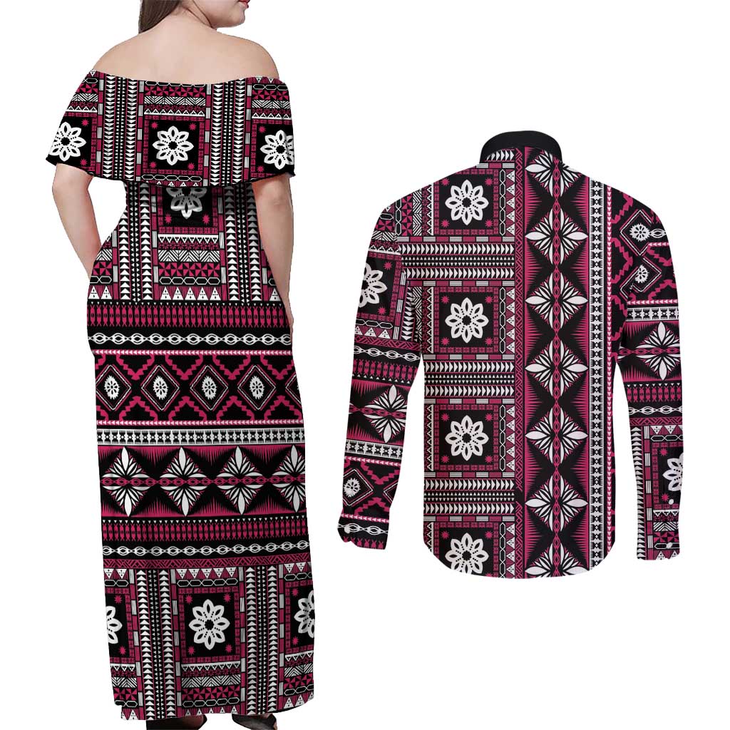Fiji Masi Tapa Pattern Pink Couples Matching Off Shoulder Maxi Dress and Long Sleeve Button Shirt - Polynesian Pride