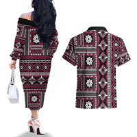 Fiji Masi Tapa Pattern Pink Couples Matching Off The Shoulder Long Sleeve Dress and Hawaiian Shirt - Polynesian Pride