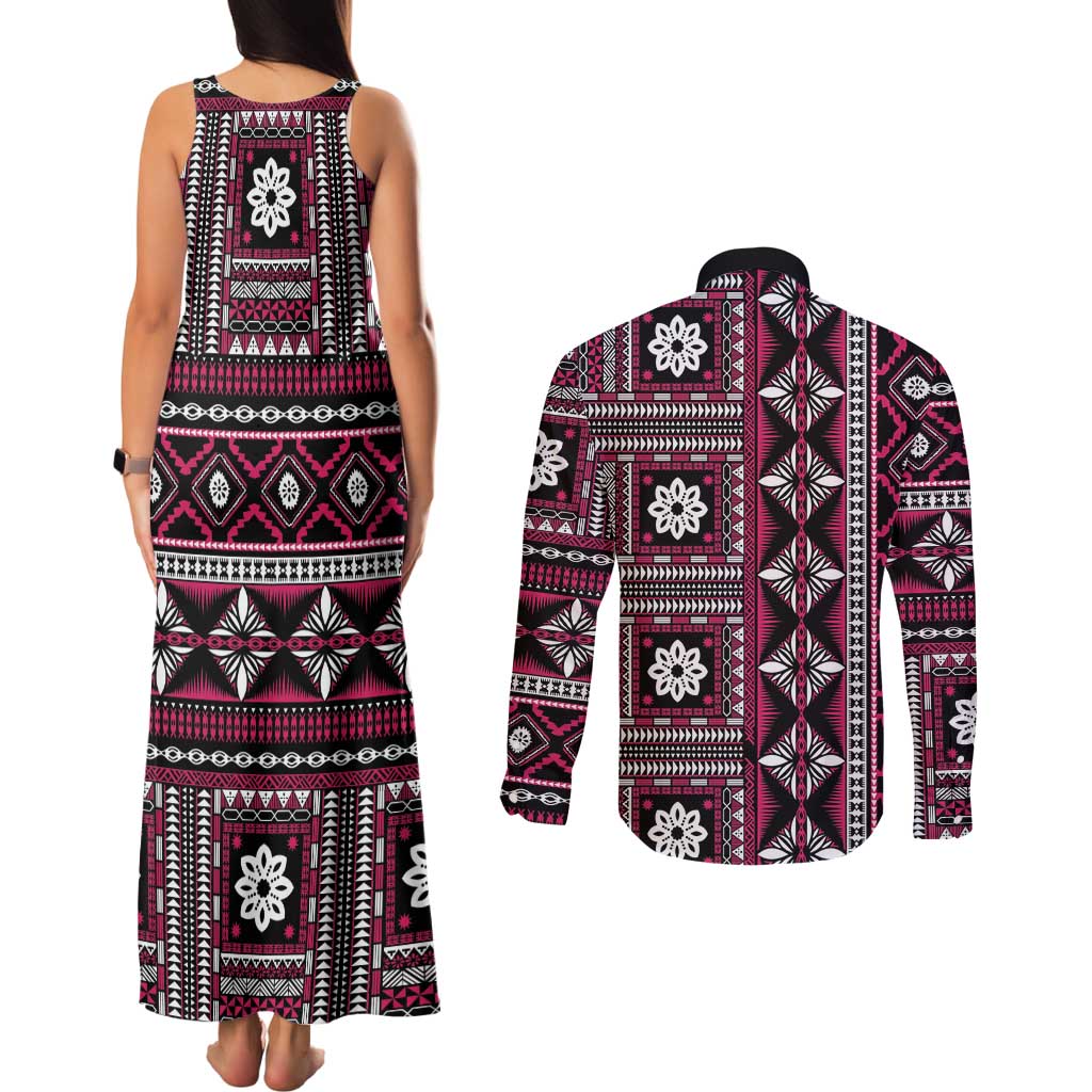 Fiji Masi Tapa Pattern Pink Couples Matching Tank Maxi Dress and Long Sleeve Button Shirt - Polynesian Pride