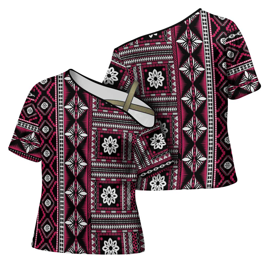 Fiji Masi Tapa Pattern Pink Cross Shoulder Shirt - Polynesian Pride