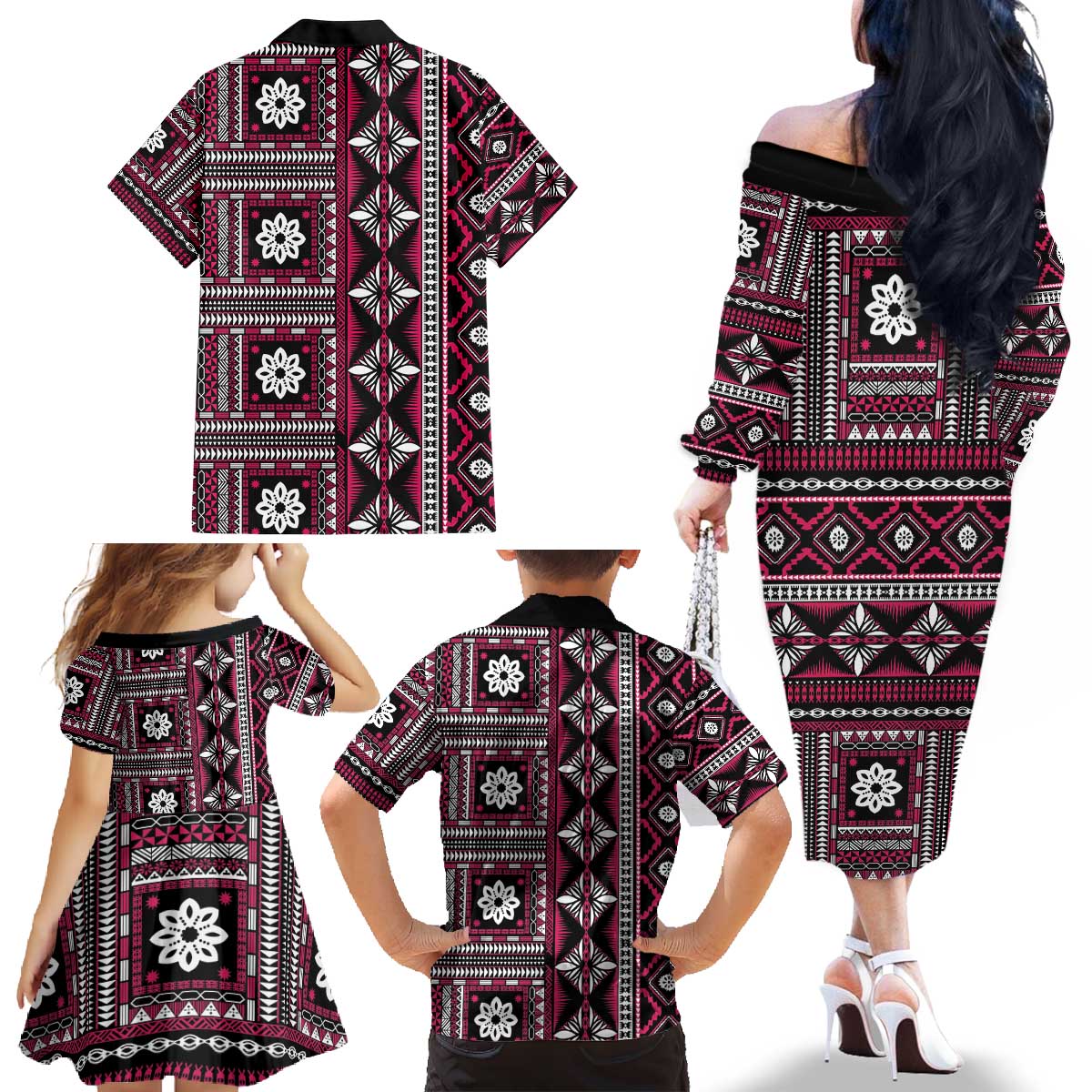 Fiji Masi Tapa Pattern Pink Family Matching Off The Shoulder Long Sleeve Dress and Hawaiian Shirt - Polynesian Pride