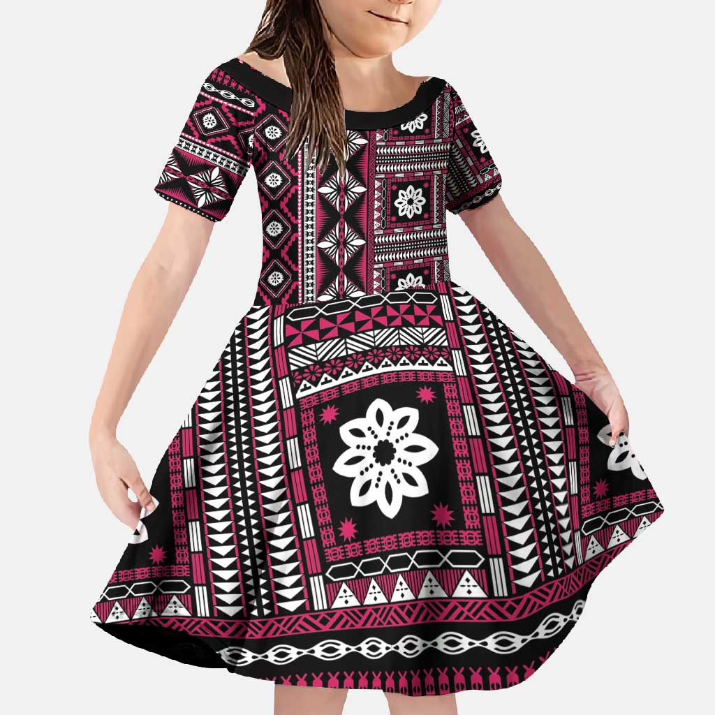 Fiji Masi Tapa Pattern Pink Family Matching Off Shoulder Maxi Dress and Hawaiian Shirt - Polynesian Pride