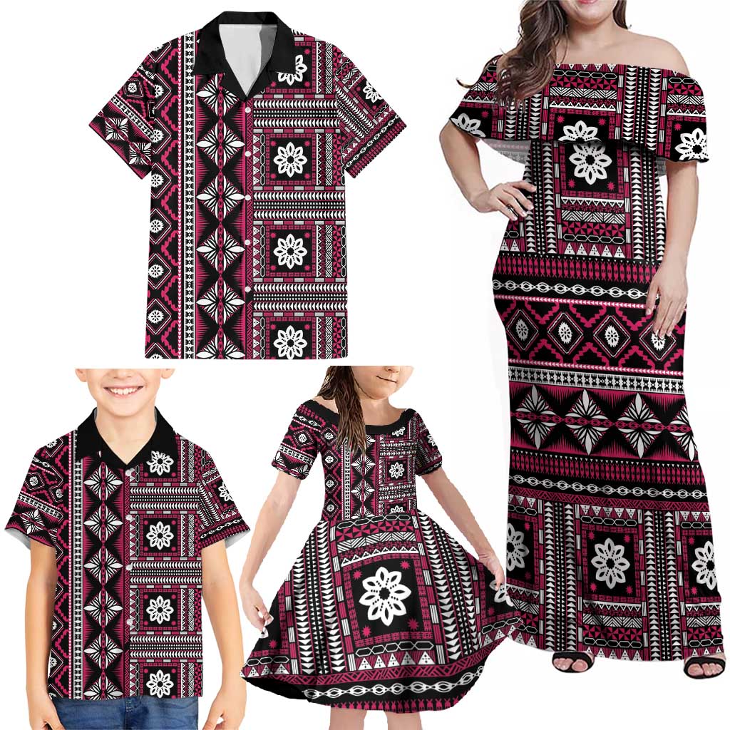 Fiji Masi Tapa Pattern Pink Family Matching Off Shoulder Maxi Dress and Hawaiian Shirt - Polynesian Pride