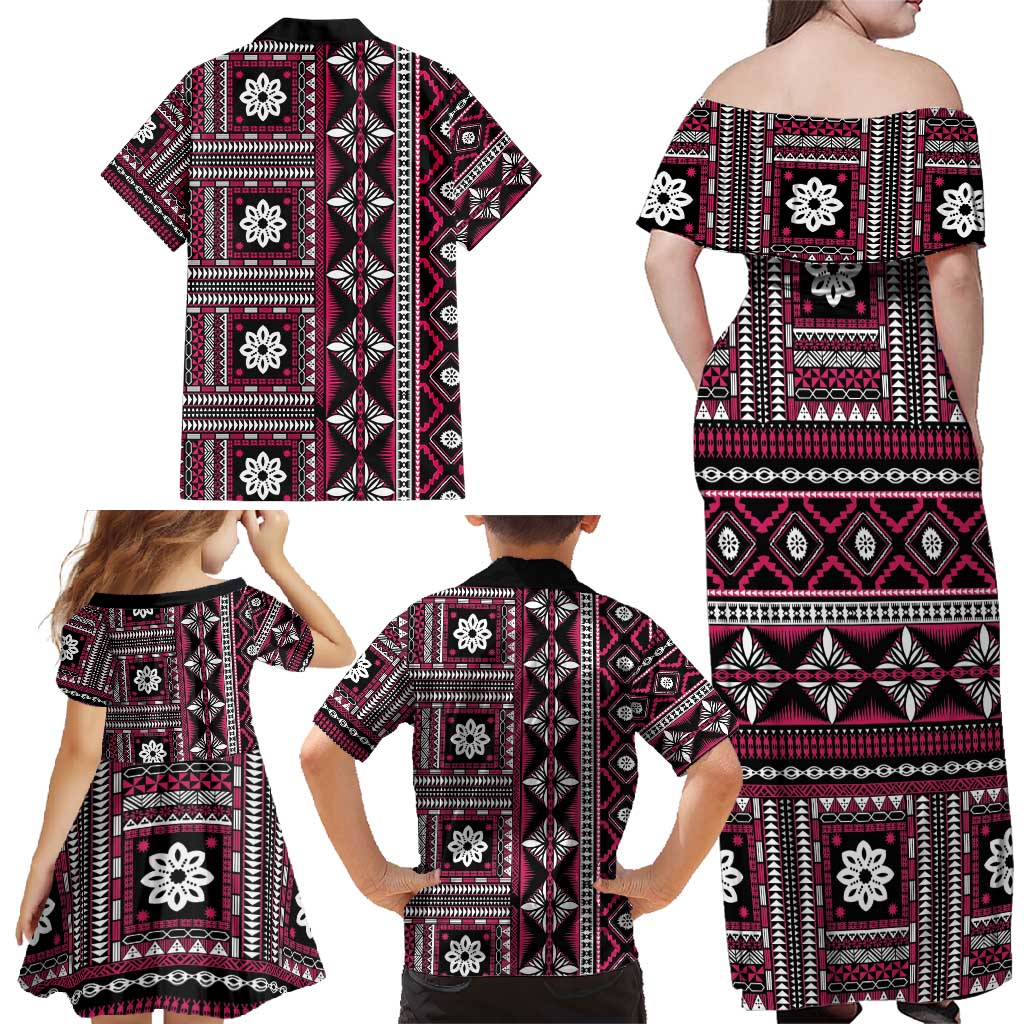 Fiji Masi Tapa Pattern Pink Family Matching Off Shoulder Maxi Dress and Hawaiian Shirt - Polynesian Pride