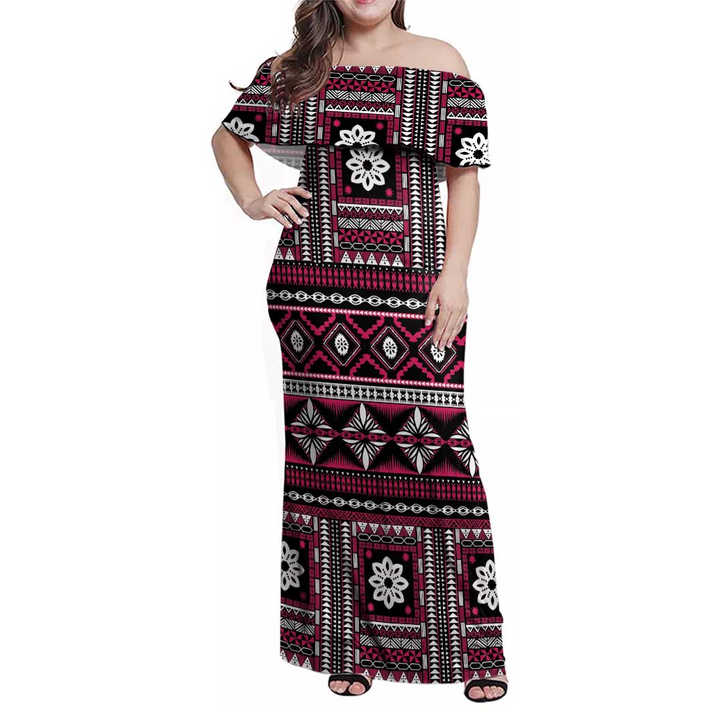 Fiji Masi Tapa Pattern Pink Family Matching Off Shoulder Maxi Dress and Hawaiian Shirt - Polynesian Pride