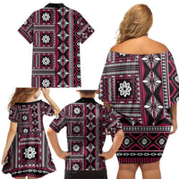 Fiji Masi Tapa Pattern Pink Family Matching Off Shoulder Short Dress and Hawaiian Shirt - Polynesian Pride