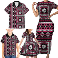 Fiji Masi Tapa Pattern Pink Family Matching Short Sleeve Bodycon Dress and Hawaiian Shirt - Polynesian Pride