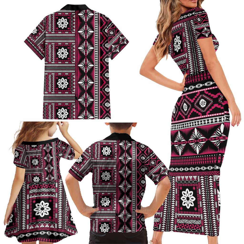 Fiji Masi Tapa Pattern Pink Family Matching Short Sleeve Bodycon Dress and Hawaiian Shirt - Polynesian Pride