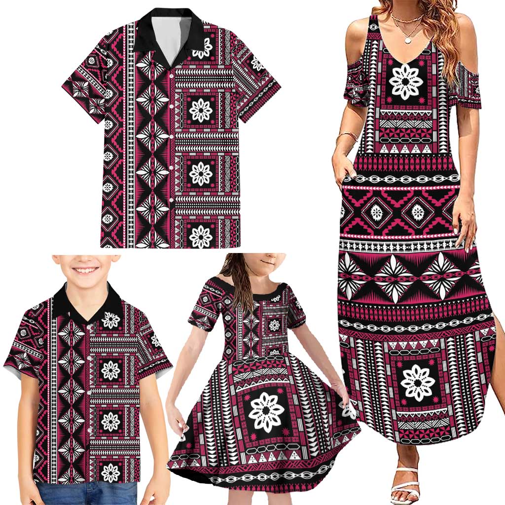 Fiji Masi Tapa Pattern Pink Family Matching Summer Maxi Dress and Hawaiian Shirt - Polynesian Pride