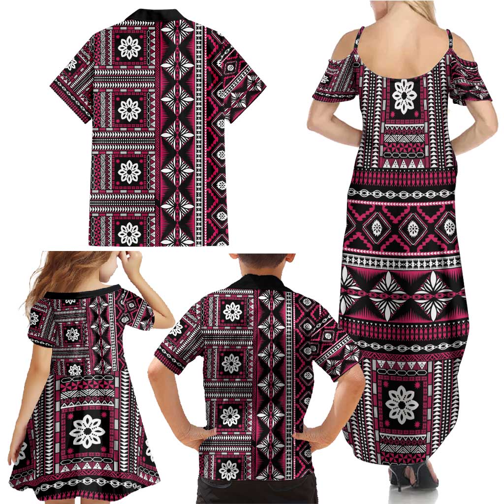 Fiji Masi Tapa Pattern Pink Family Matching Summer Maxi Dress and Hawaiian Shirt - Polynesian Pride