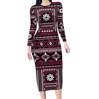 Fiji Masi Tapa Pattern Pink Long Sleeve Bodycon Dress - Polynesian Pride