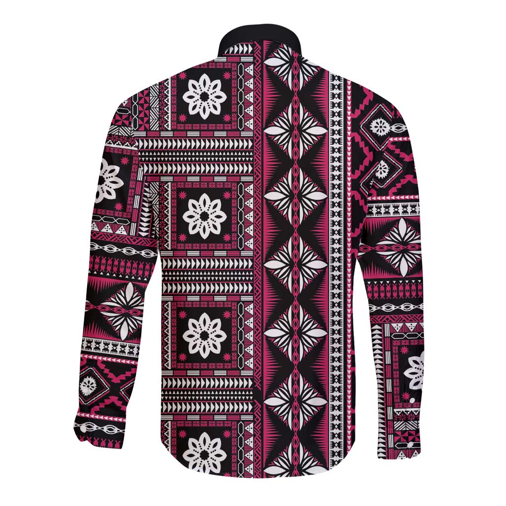 Fiji Masi Tapa Pattern Pink Long Sleeve Button Shirt - Polynesian Pride