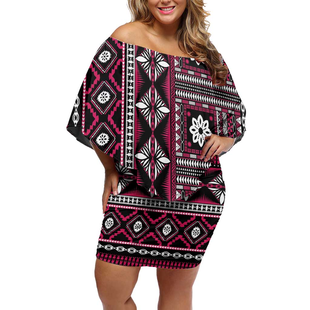 Fiji Masi Tapa Pattern Pink Off Shoulder Short Dress - Polynesian Pride