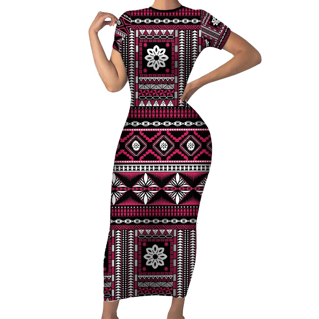 Fiji Masi Tapa Pattern Pink Short Sleeve Bodycon Dress LT01 Long Dress Pink - Polynesian Pride