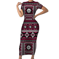 Fiji Masi Tapa Pattern Pink Short Sleeve Bodycon Dress LT01 Long Dress Pink - Polynesian Pride
