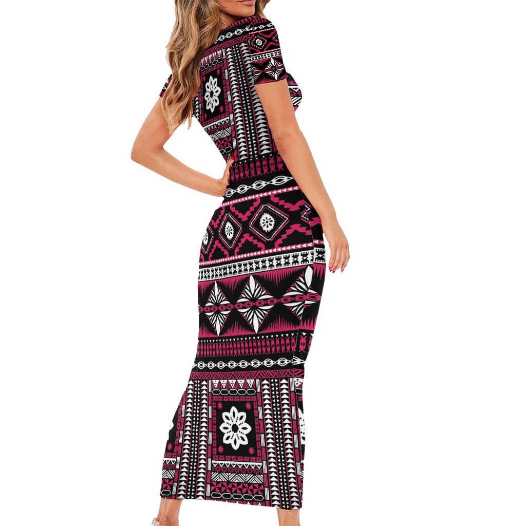 Fiji Masi Tapa Pattern Pink Short Sleeve Bodycon Dress LT01 - Polynesian Pride