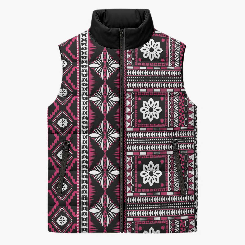 Fiji Masi Tapa Pattern Pink Sleeveless Puffer Jacket - Polynesian Pride