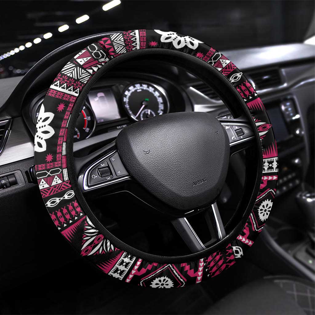 Fiji Masi Tapa Pattern Pink Steering Wheel Cover LT01 Universal Fit Pink - Polynesian Pride