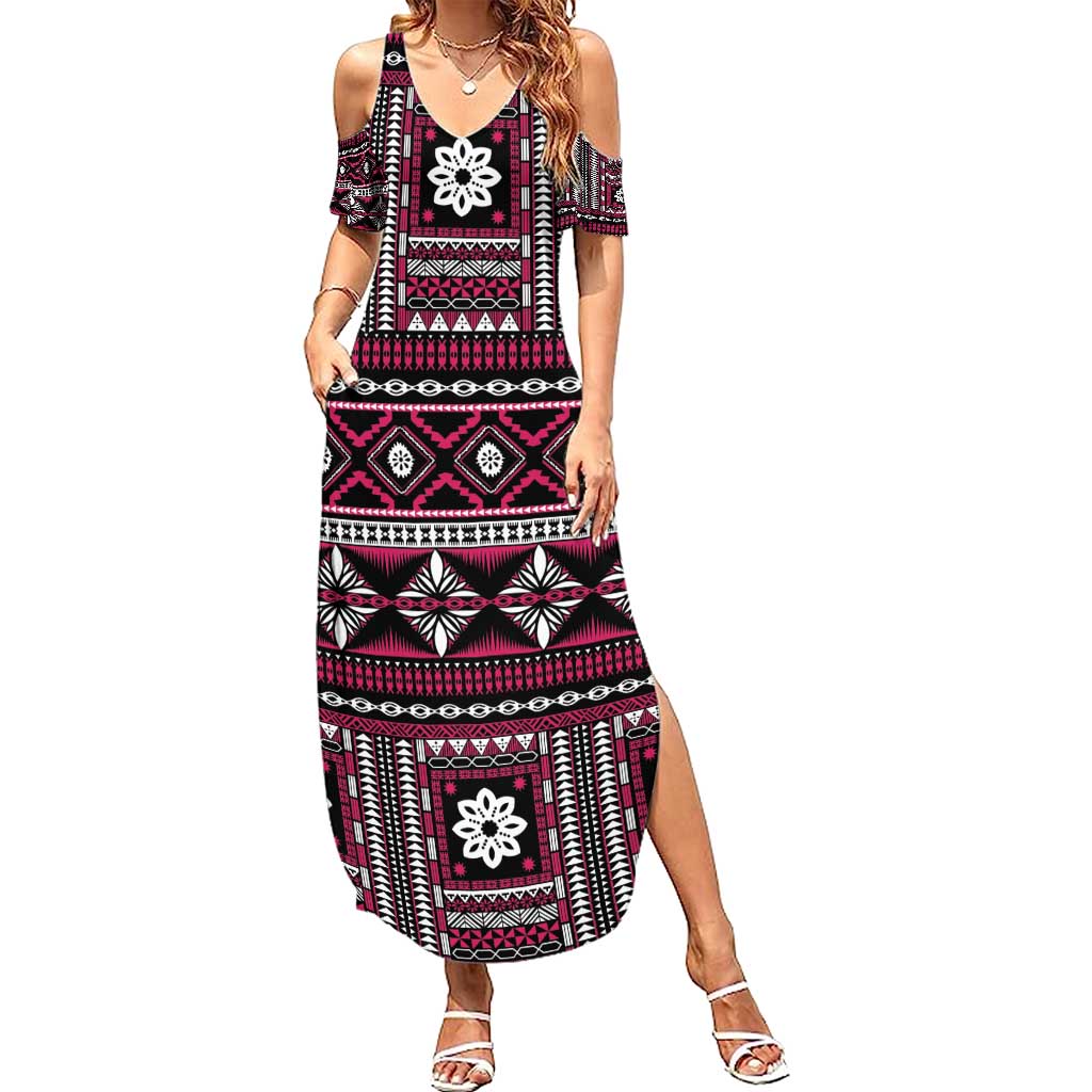 Fiji Masi Tapa Pattern Pink Summer Maxi Dress LT01 Women Pink - Polynesian Pride