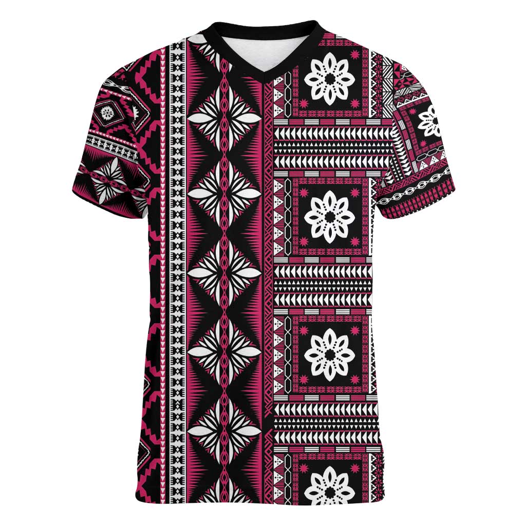 Fiji Masi Tapa Pattern Pink Women V-Neck T-Shirt - Polynesian Pride