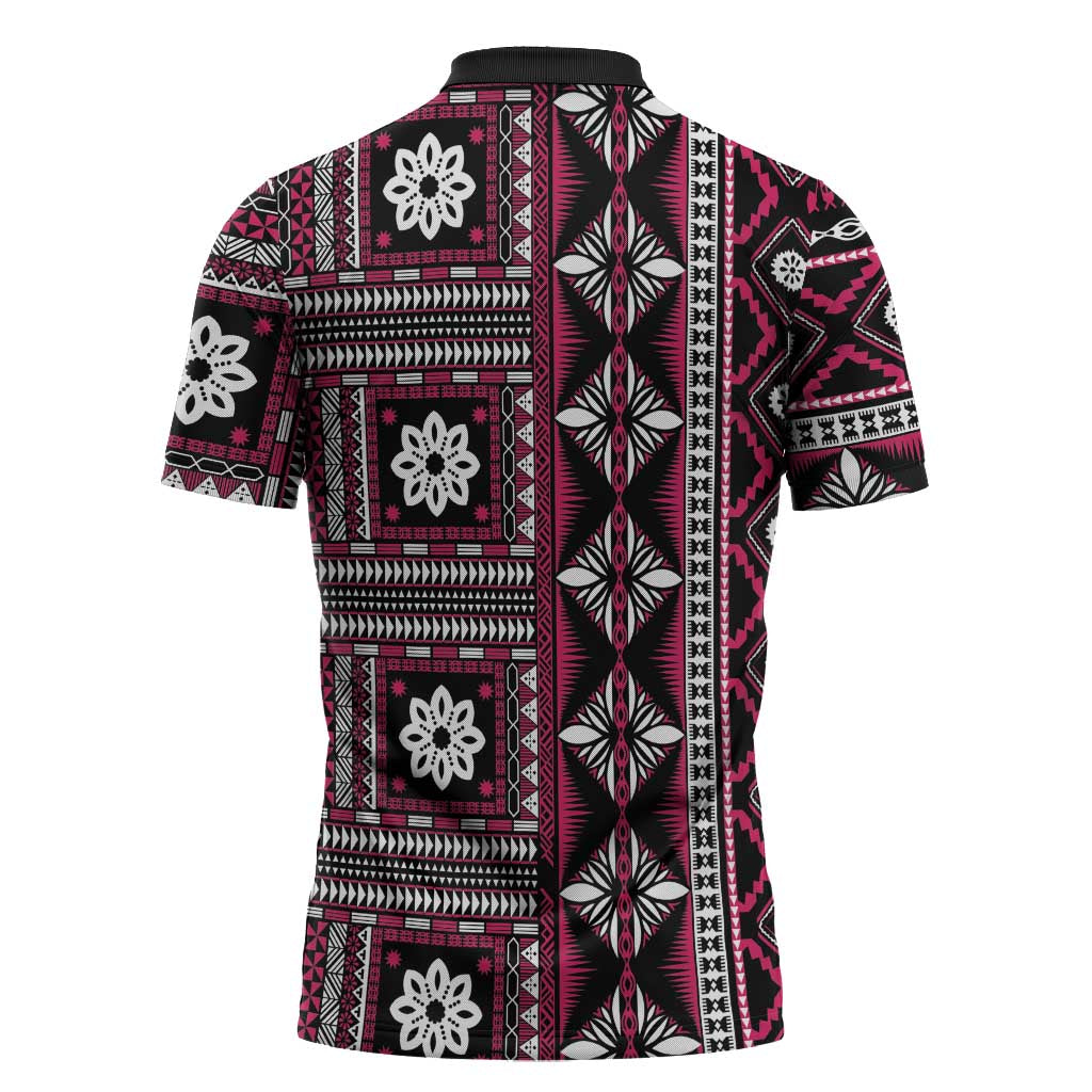 Fiji Masi Tapa Pattern Pink Zipper Polo Shirt - Polynesian Pride