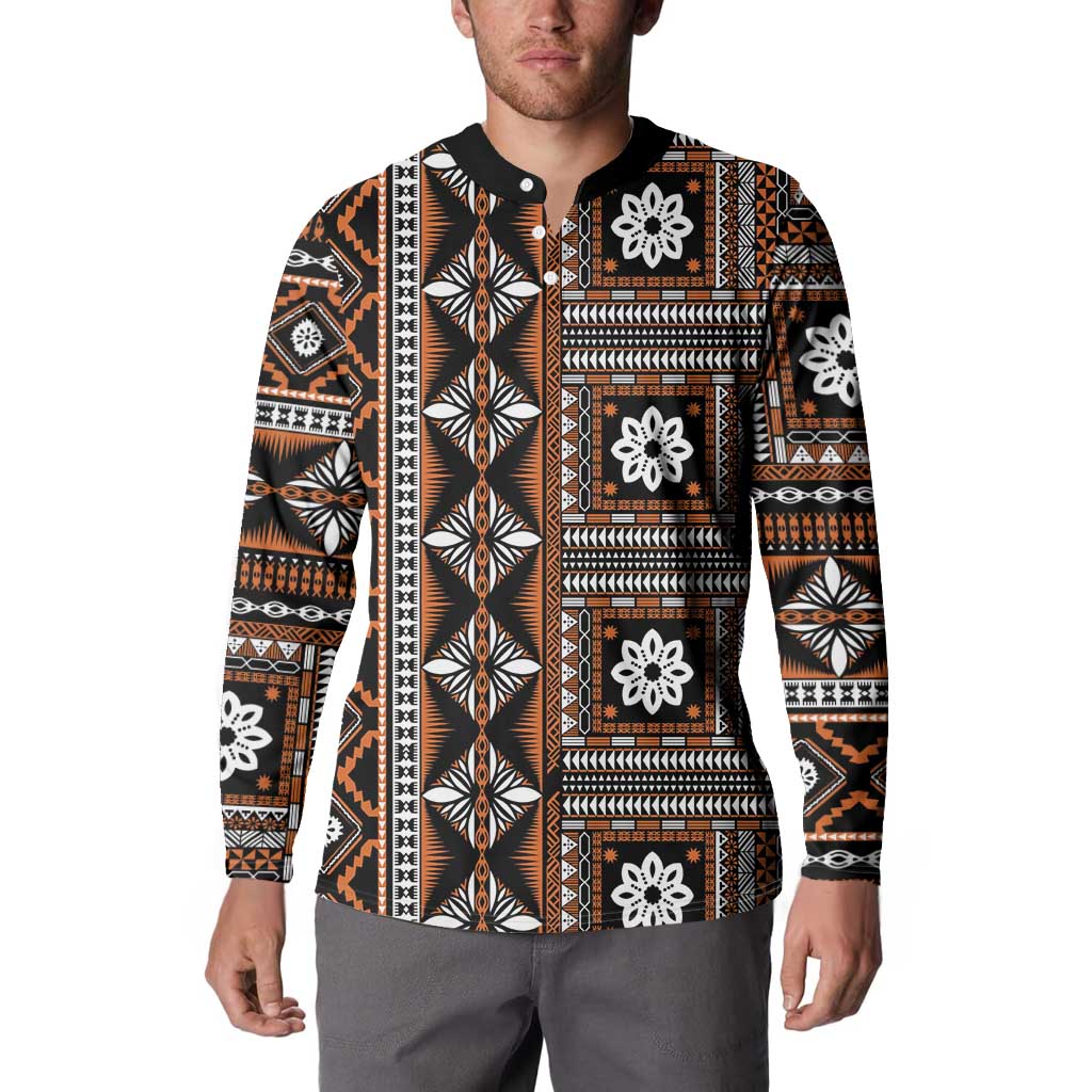 Fiji Masi Tapa Pattern Orange Button Sweatshirt - Polynesian Pride