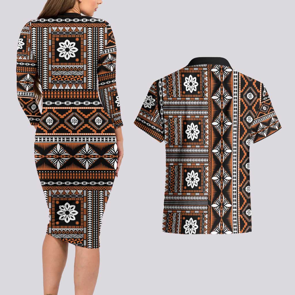 Fiji Masi Tapa Pattern Orange Couples Matching Long Sleeve Bodycon Dress and Hawaiian Shirt - Polynesian Pride