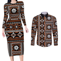 Fiji Masi Tapa Pattern Orange Couples Matching Long Sleeve Bodycon Dress and Long Sleeve Button Shirt - Polynesian Pride