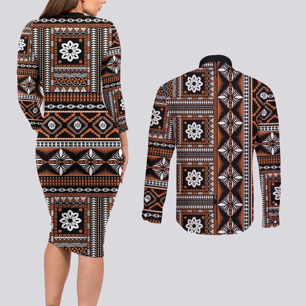 Fiji Masi Tapa Pattern Orange Couples Matching Long Sleeve Bodycon Dress and Long Sleeve Button Shirt - Polynesian Pride