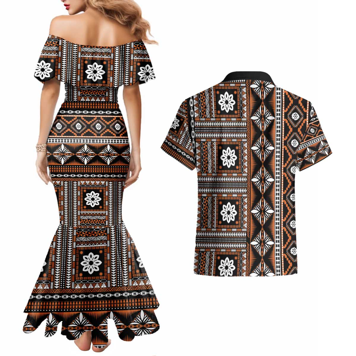 Fiji Masi Tapa Pattern Orange Couples Matching Mermaid Dress and Hawaiian Shirt - Polynesian Pride