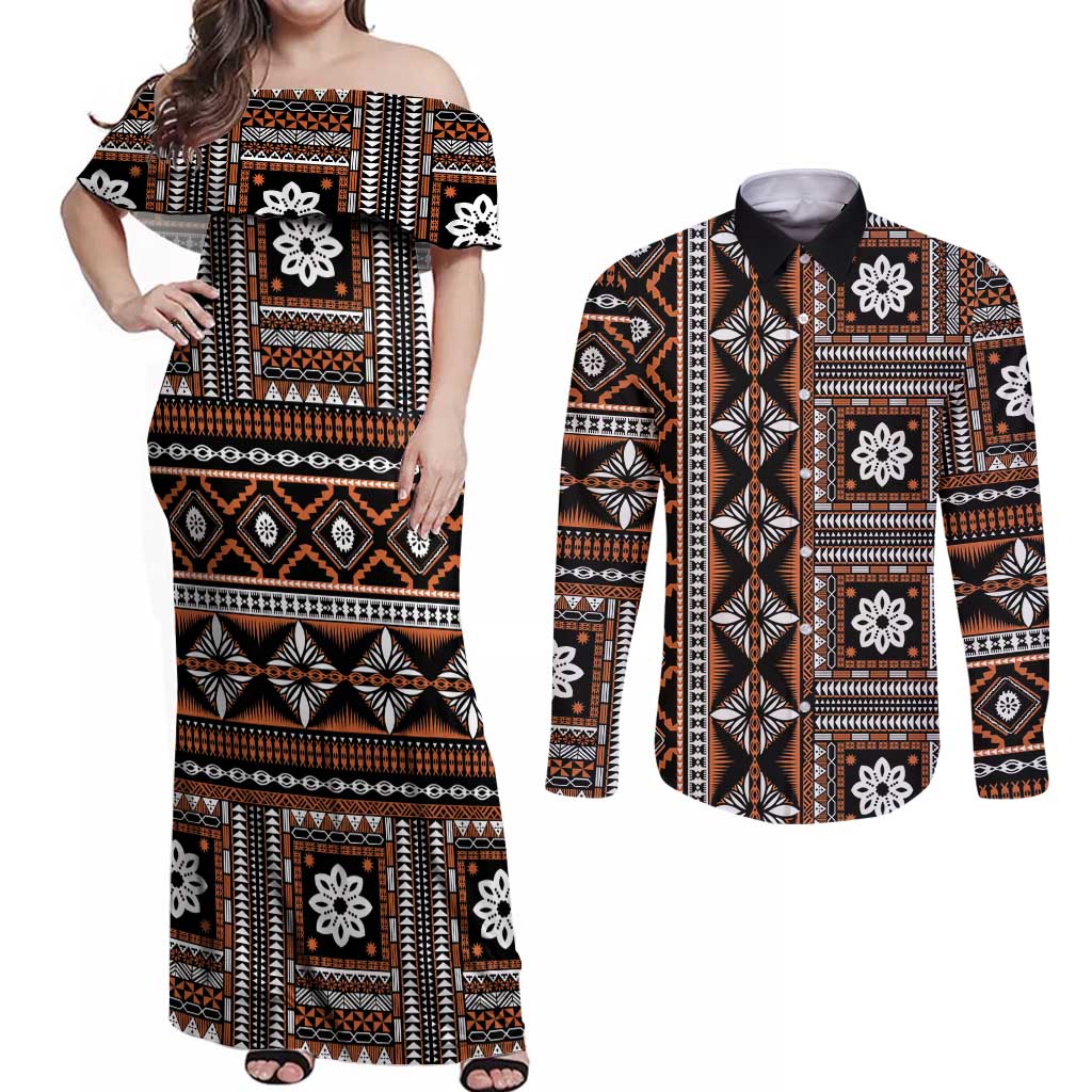 Fiji Masi Tapa Pattern Orange Couples Matching Off Shoulder Maxi Dress and Long Sleeve Button Shirt - Polynesian Pride