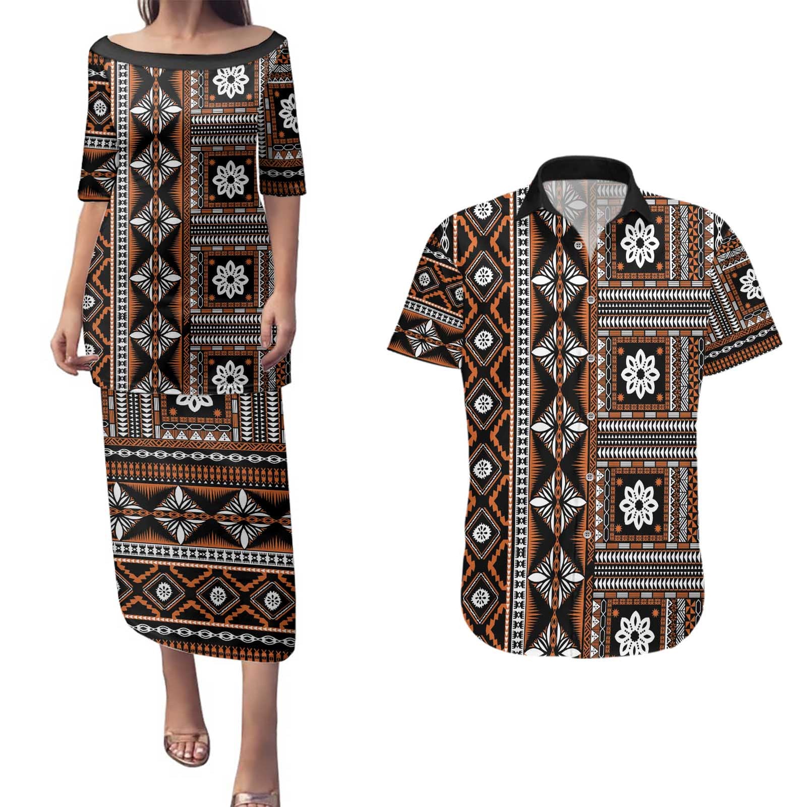 Fiji Masi Tapa Pattern Orange Couples Matching Puletasi and Hawaiian Shirt - Polynesian Pride