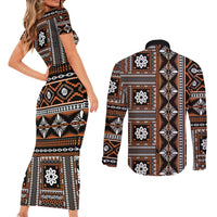 Fiji Masi Tapa Pattern Orange Couples Matching Short Sleeve Bodycon Dress and Long Sleeve Button Shirt - Polynesian Pride