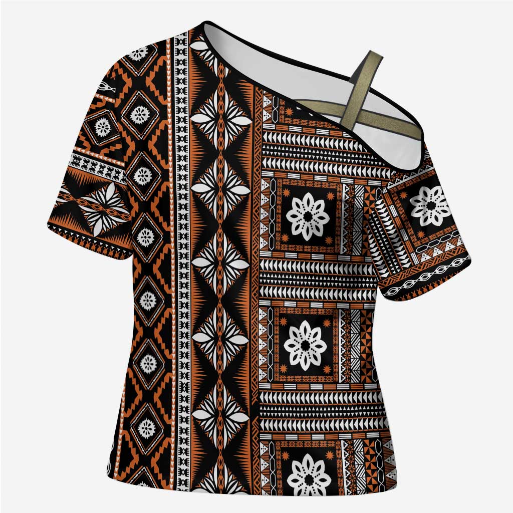 Fiji Masi Tapa Pattern Orange Cross Shoulder Shirt - Polynesian Pride