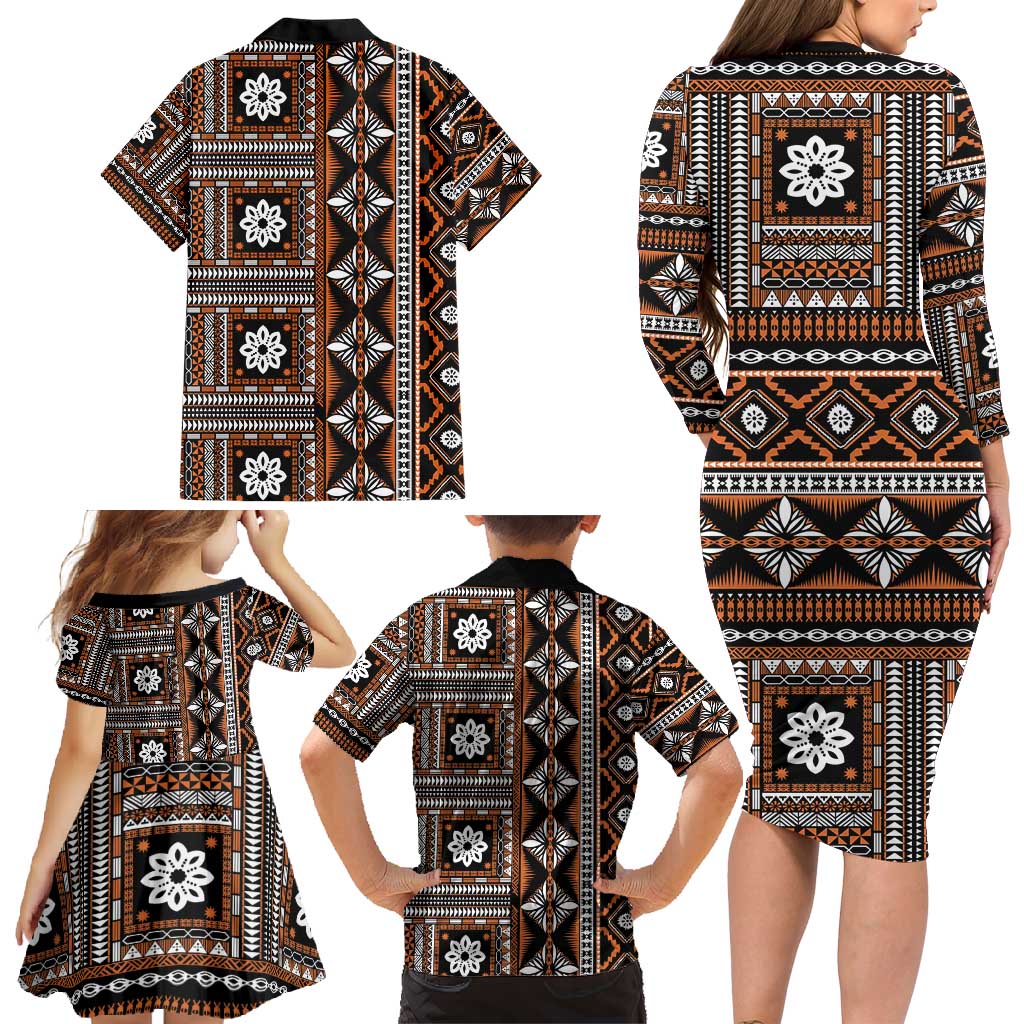 Fiji Masi Tapa Pattern Orange Family Matching Long Sleeve Bodycon Dress and Hawaiian Shirt - Polynesian Pride