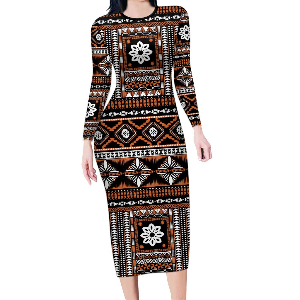 Fiji Masi Tapa Pattern Orange Family Matching Long Sleeve Bodycon Dress and Hawaiian Shirt - Polynesian Pride