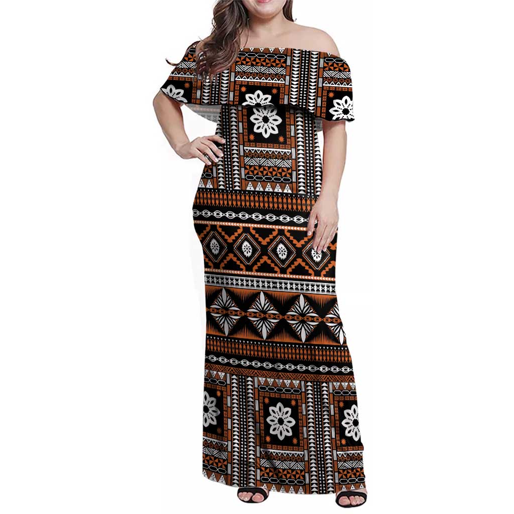 Fiji Masi Tapa Pattern Orange Family Matching Off Shoulder Maxi Dress and Hawaiian Shirt - Polynesian Pride